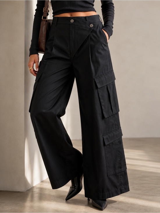 The Drop Pants - The Drop KarenBritChick Black Cargo Pants Asymmetrical Wide Leg M Utility